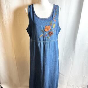 Bobbie Brooks Sleeveless Denim Maxi Dress Sz Large 12/14 Embroidered Fall Leaf